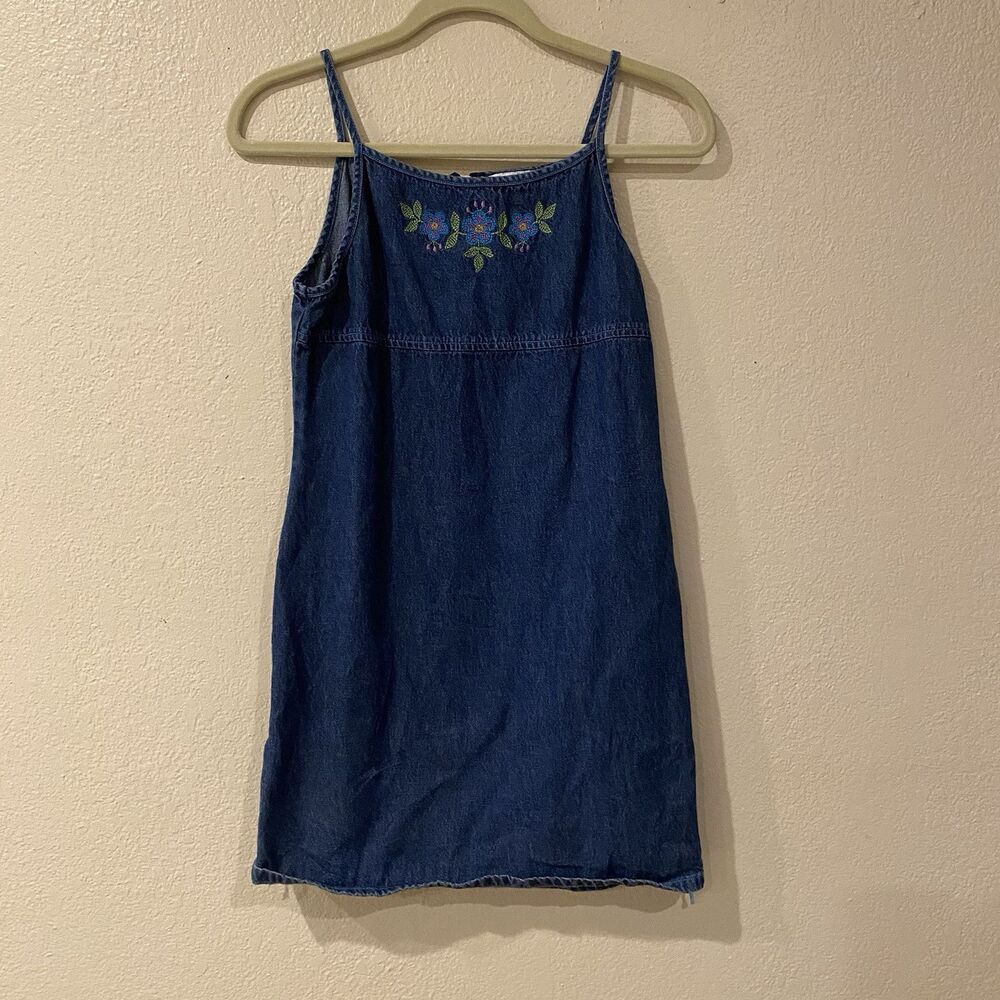Vintage My Michelle Dress Girls 16 Blue Denim Y2K Floral Embroidery